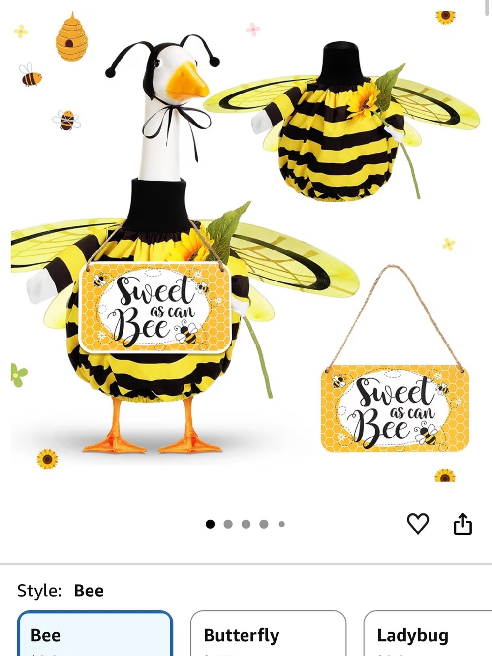 Bee Costume for Outdoor Porch Goose- Yellow & Black "Sweet as Can Bee"